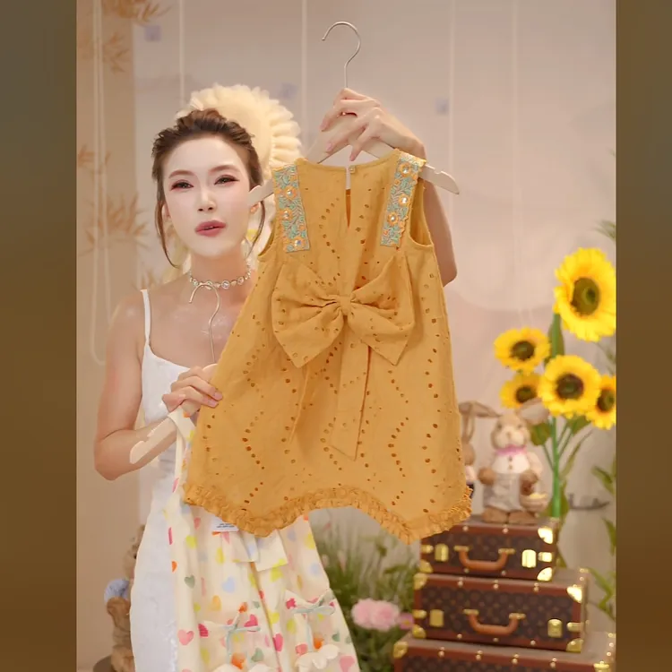 女童无袖西装连衣裙夏季2025新款背心镂空公主裙度假风超薄沙滩裙