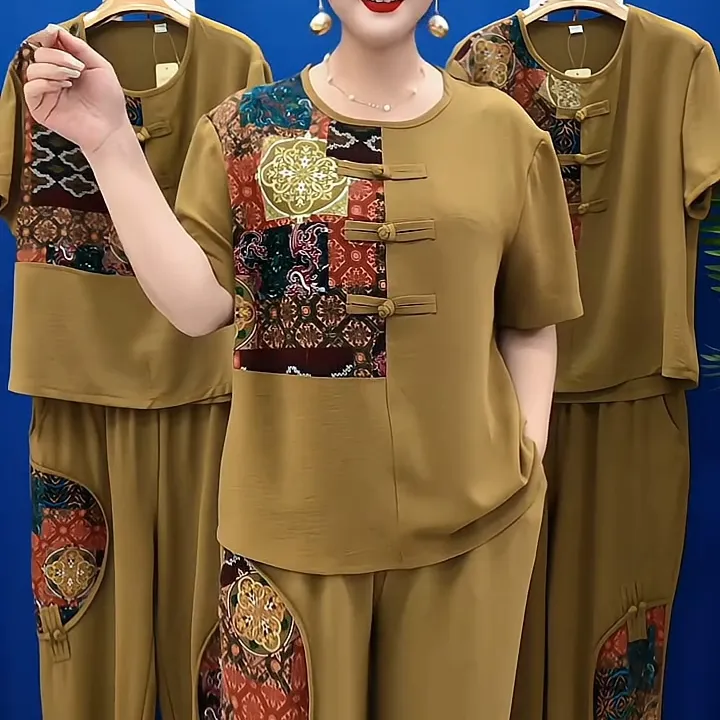 2025夏季新款时尚中年妈妈套装洋气气质女士显瘦短袖民族风两件套