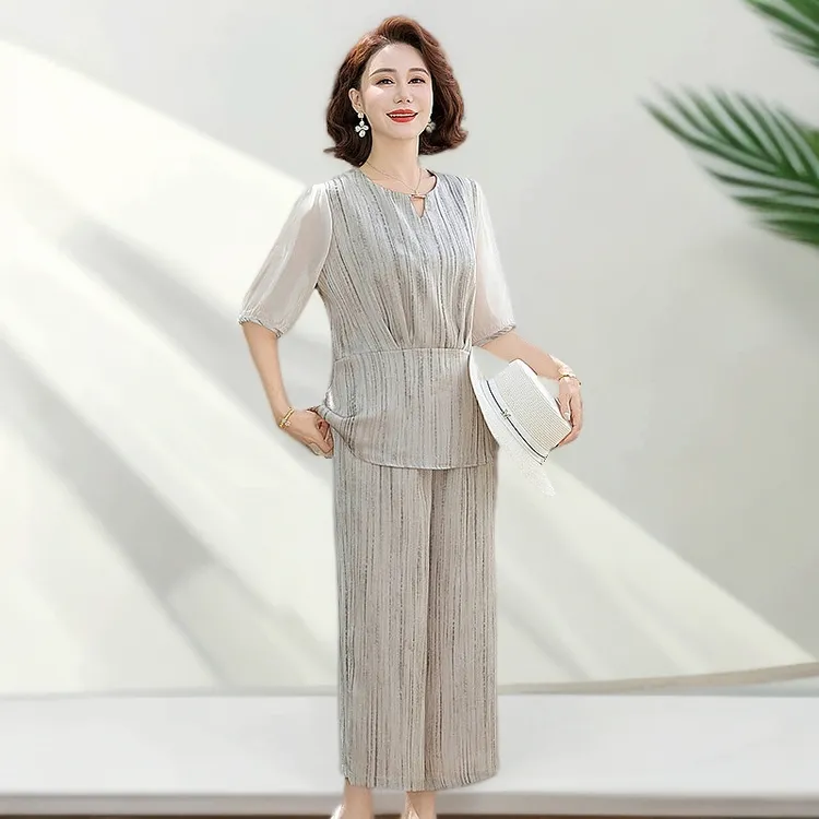 时尚妈妈装夏季两件套50岁60夏季气质洋气显瘦中老年女装大码套装