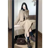高个子复古小香风毛呢套装早秋气质圆领短款外套高腰半身裙两件套