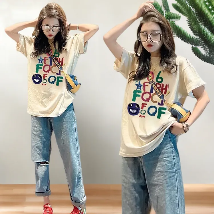 2025年潮牌纯棉短袖显瘦中长款上衣新款夏季t恤女士休闲圆领女装