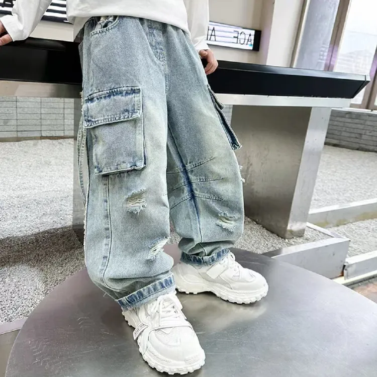 男童裤子牛仔直筒工装裤春秋裤2025新款中大童时尚破洞痞帅长裤潮