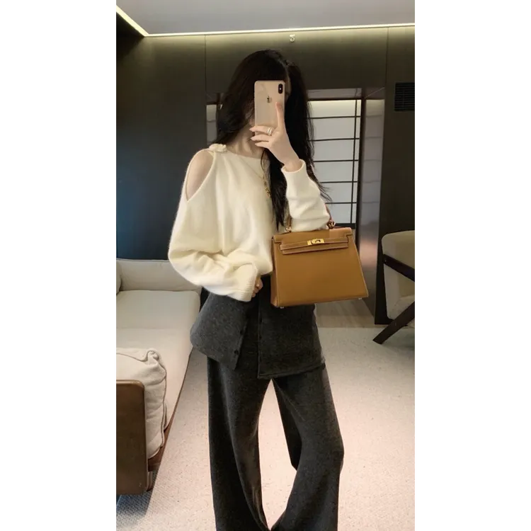 韩系高智感秋冬气质斜肩立体花饰毛衣长袖针织衫休闲直筒阔腿长裤