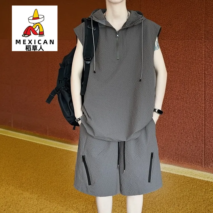 青少年宽松速干短袖无袖休闲运动套装连帽夏季薄款港风帅专柜品质