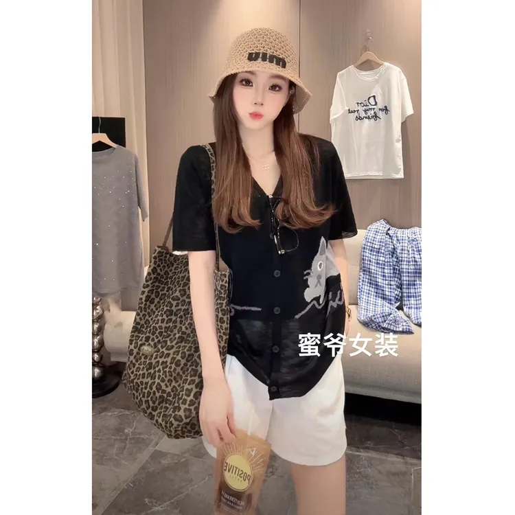 【蜜爷家】卡通猫咪刺绣针织开衫短袖k369#