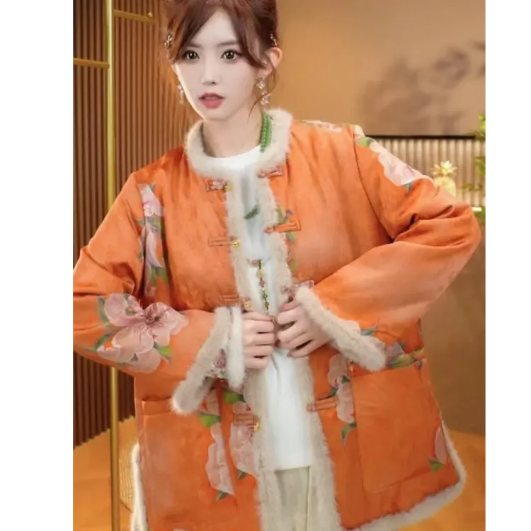 2024中式国风新款棉衣印花外套复古盘扣冬季保暖棉服提花加厚棉袄