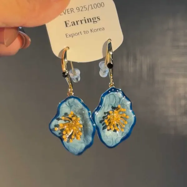 铜合金耳饰 复古不规则蓝色花朵耳钉油画感黄色花蕊高颜值耳饰女