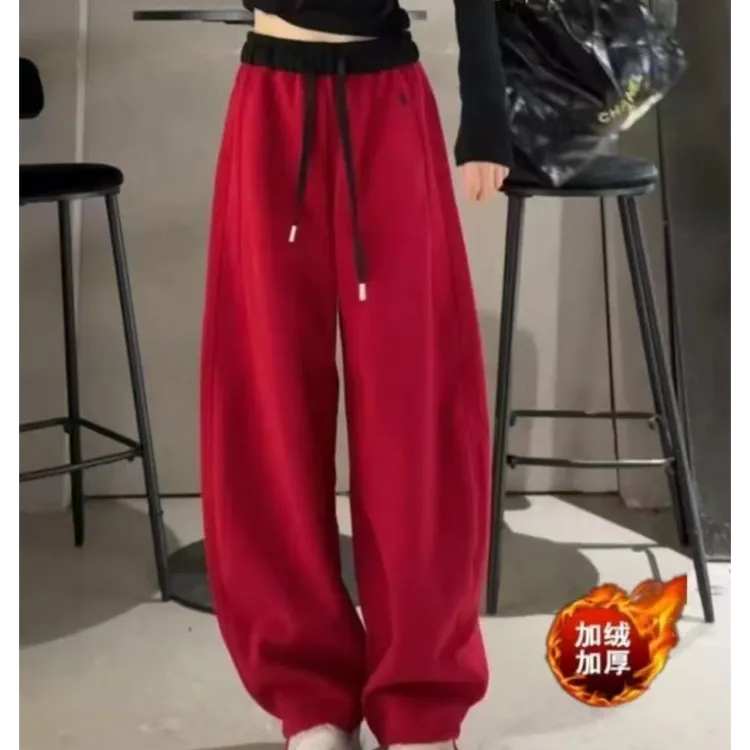 2559冬季加绒专属高品质松紧腰一裤两穿直筒刺绣卫裤休闲裤宽松