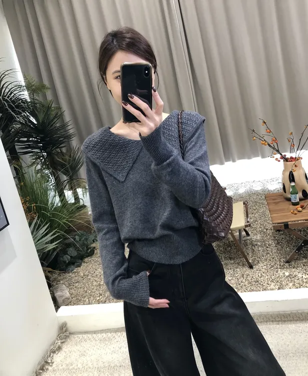 韩系复古俏皮2025时尚气质显瘦翻领毛衣百搭针织慵懒气质女H9-44
