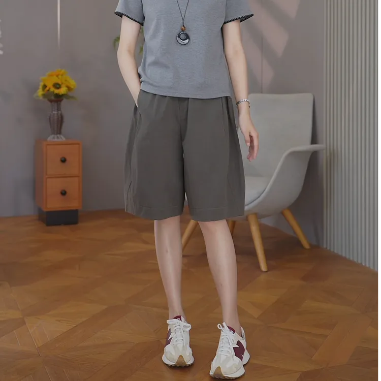 意述YISHU灰绿色五分裤女2025夏季新款大码复古简约大气百搭6202