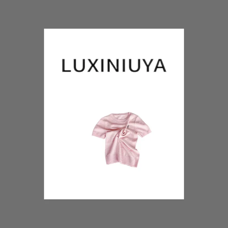 【LUXINIUYA】春款纯色刺绣100羊毛时尚短袖毛衣针织衫#CX2609