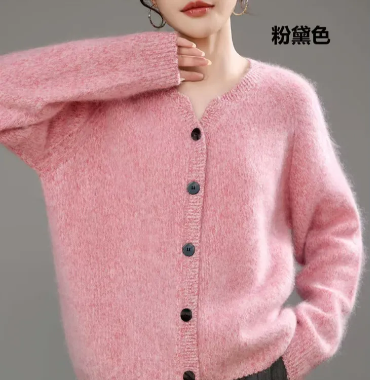 甄选拉毛羊绒针织开衫韩版轻奢长袖宽松羊绒衫三股加厚圆领羊毛衫