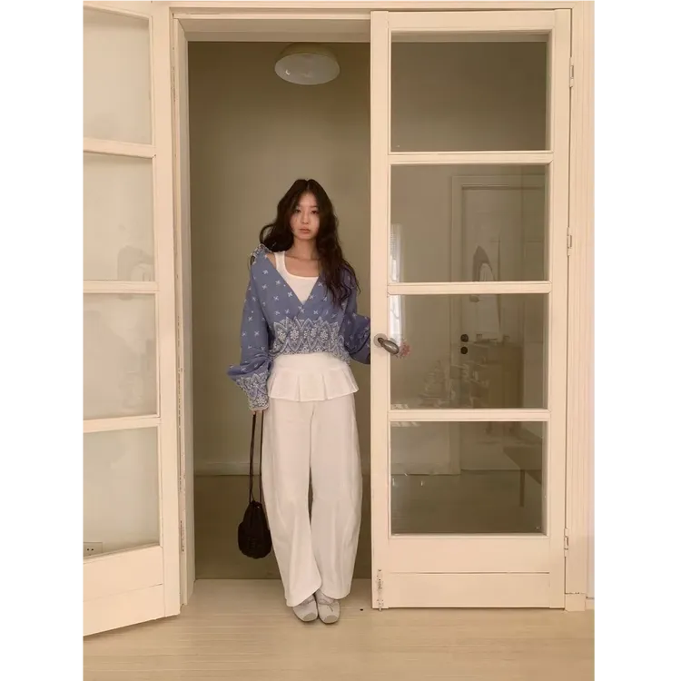 QYao Girls假两件皮帘白色阔腿裤女早秋百褶设计感高腰直筒休闲裤