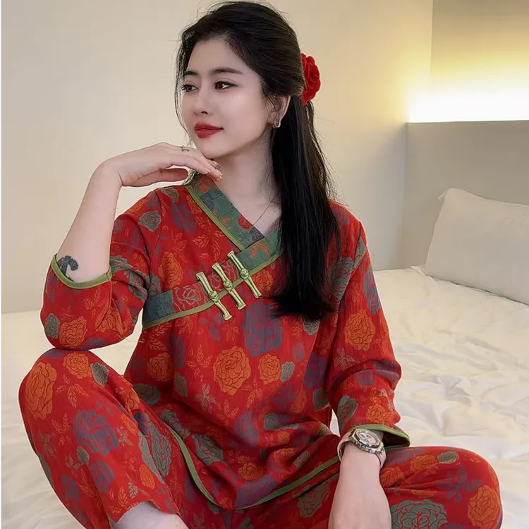 双层纱全棉新中式女士长袖保暖中国风时尚显瘦复古文艺家居服#339