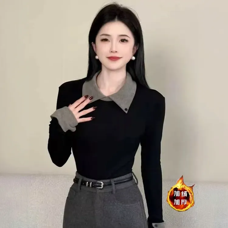 长袖T恤女2025秋冬新款洋气设计感翻领拼接加绒加厚打底衫上衣潮