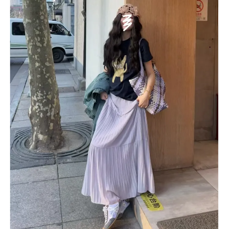 铃兰-百搭压褶显瘦A字大摆半身裙+时尚印花短袖T恤