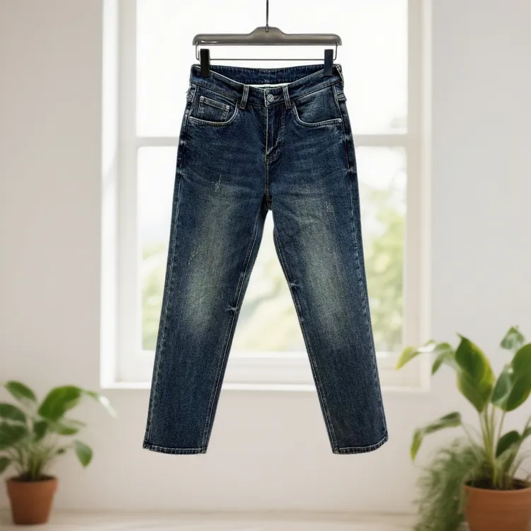 娜罗普西时尚蓝色简约男士牛仔裤秋冬新款字母印花通勤直筒长裤潮