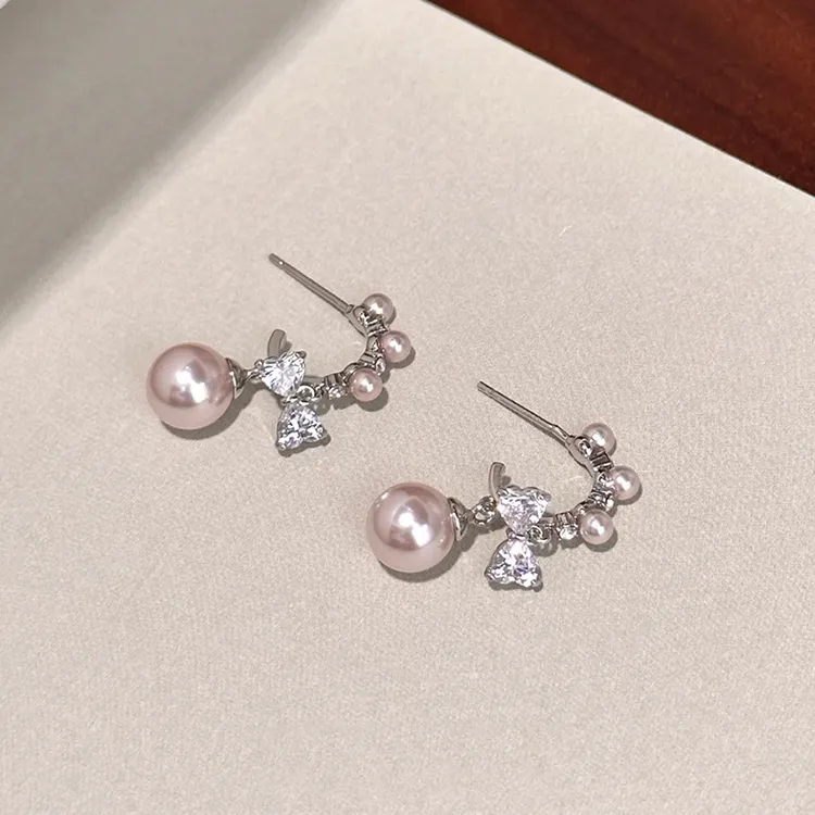 铜合金耳饰  曼塔玫瑰色珍珠吊坠耳钉锆石蝴蝶结设计气质百搭耳饰