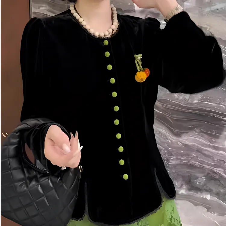 中式秋季新款纯色丝绒收腰长袖上衣轻奢高级感小众设计款南瓜外套