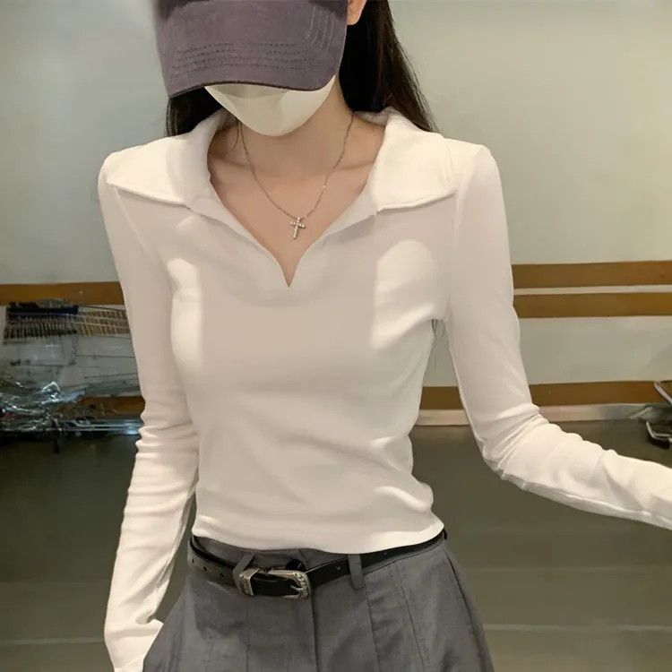 法式Polo领早秋新款甜辣高级感设计感小众长袖t恤打底衫显瘦上衣