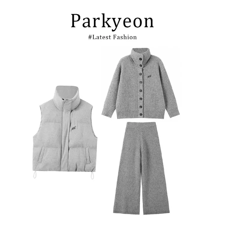 INS CEC冬季ootd穿搭松弛感针织衫保暖背心加绒棉服休闲裤套装