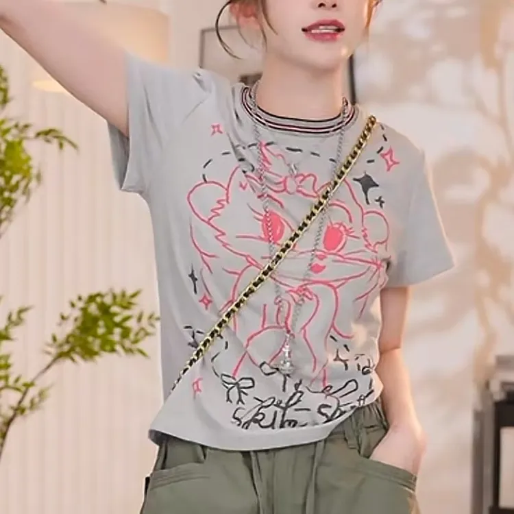 『迷人喵』夏季百搭显瘦卡通涂鸦短袖T恤