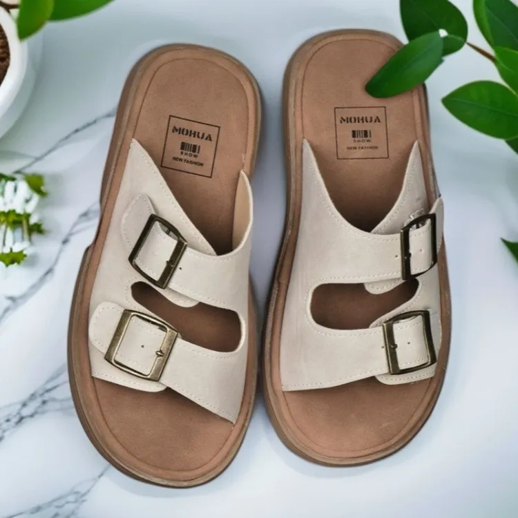 2025年夏季平底PU帮面网红软底百搭休闲博肯拖鞋厚底防滑韩版时尚