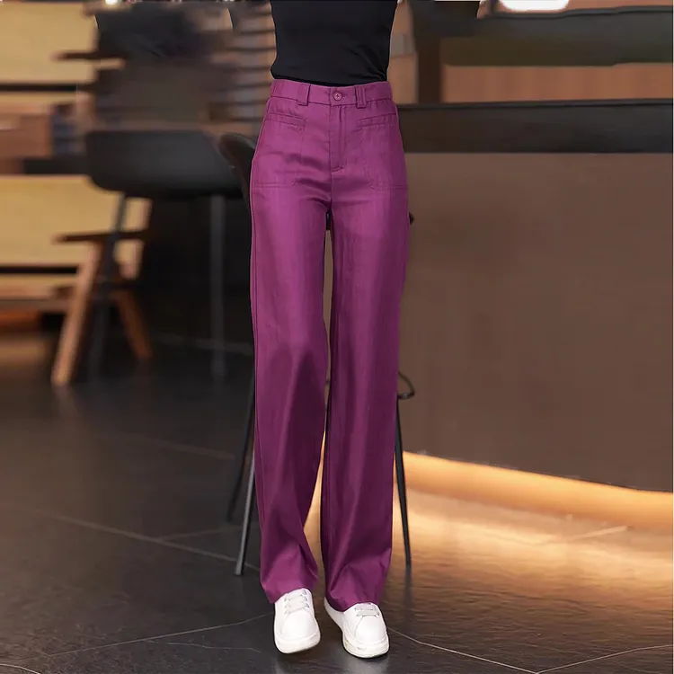 紫色天丝亚麻裤女夏天薄款阔腿裤新款时尚休闲百搭垂感直筒裤女士