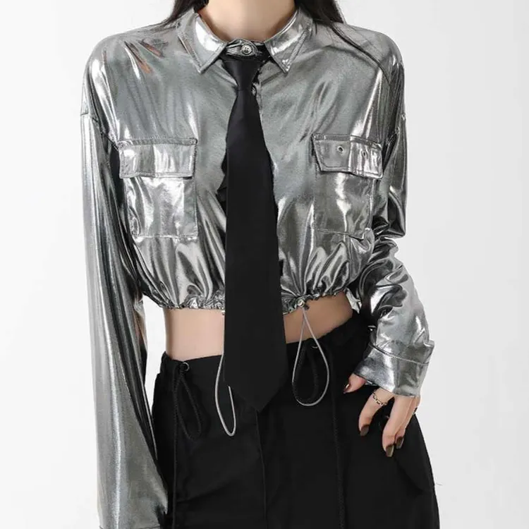 街舞演出服美式复古短款长袖银色衬衫辣妹爵士舞抽绳收腰显瘦上衣