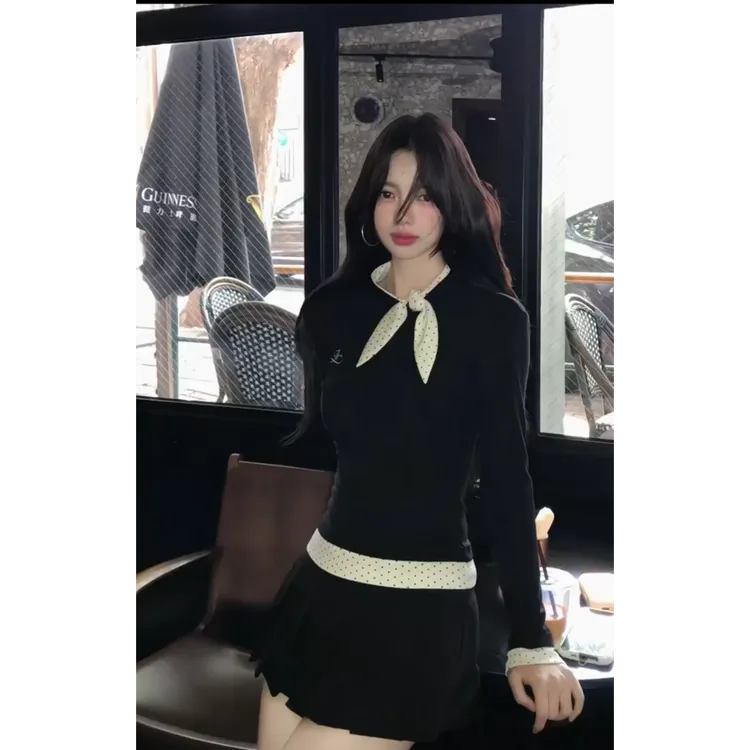 MARIE.COCO韩系chic秋季假两件长袖t恤女学院风减龄百褶裙两件套