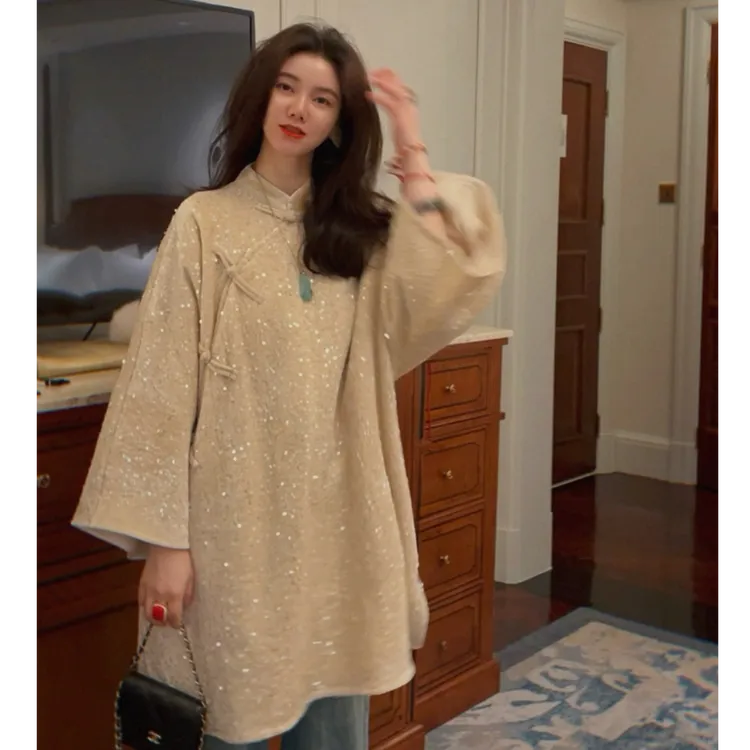 【戴大漂亮】冬季高奢国风新中式丝绒亮片斜襟加绒加厚宽松连衣裙