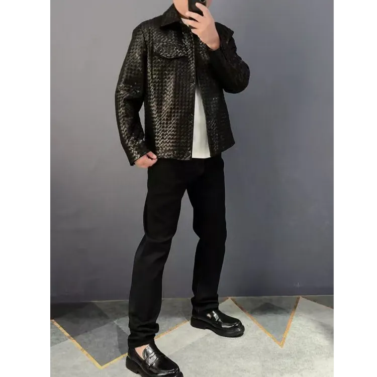 秋季宽松型免烫牛皮编织皮衣时尚潮流百搭翻领男士休闲短款外套