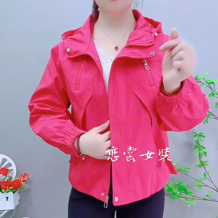 2025春季连帽宽松休闲飘带纯色短款夹克冲锋外套上衣