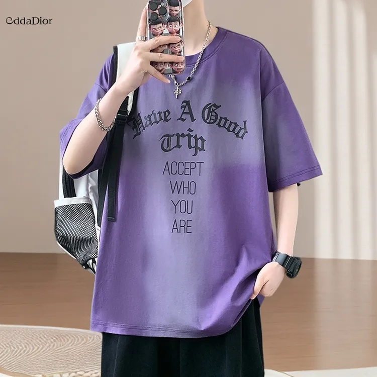 eddaDior男士短袖T恤夏潮牌渐变印花时尚衣服落肩袖宽松冰丝透气