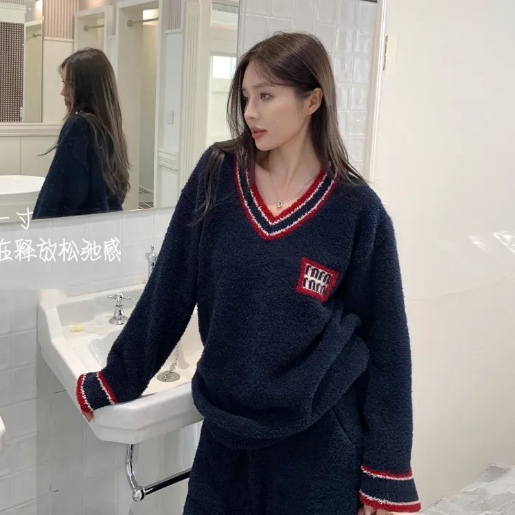 半边绒冬季保暖秋冬服装V领睡衣家居服套装可外穿双色V领套头套装