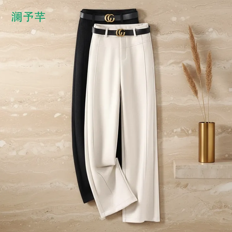 醋酸羊毛高腰休闲裤女2025秋冬季新款松紧腰羊毛呢阔腿直筒裤子