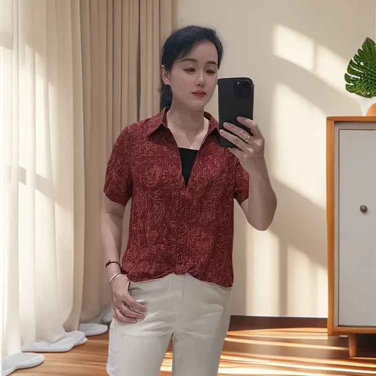 6887夏款气质凉快假俩件短袖衬衫洋气减龄女装大码薄款休闲上衣