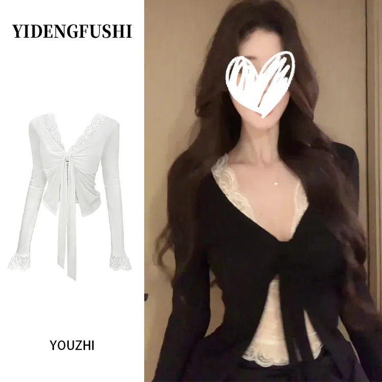 法式纯欲v领绑带蕾丝拼接长袖T恤女早秋修身性感气质内搭打底上衣
