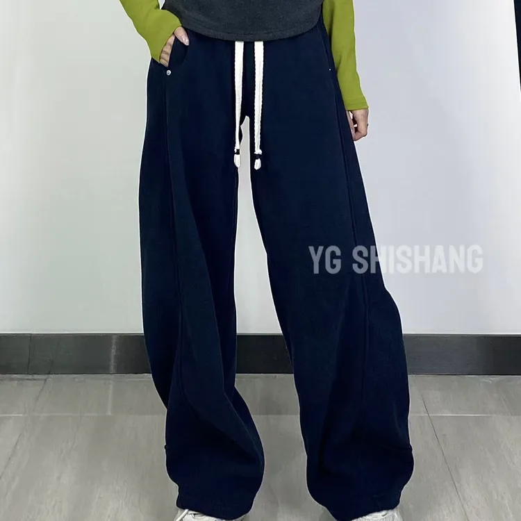 YG1865铆钉捏褶刀豆裤加绒高腰长裤直筒休闲裤百搭秋季宽松加厚