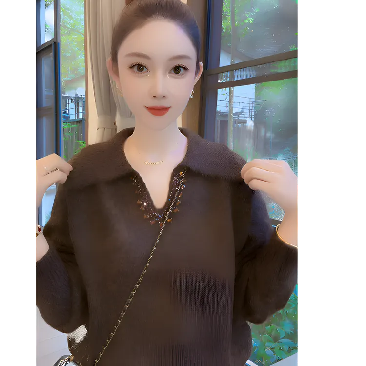 Nalian/拿恋豆子优选-重工钉钻翻领宽松显瘦针织毛衣女  DZ99030