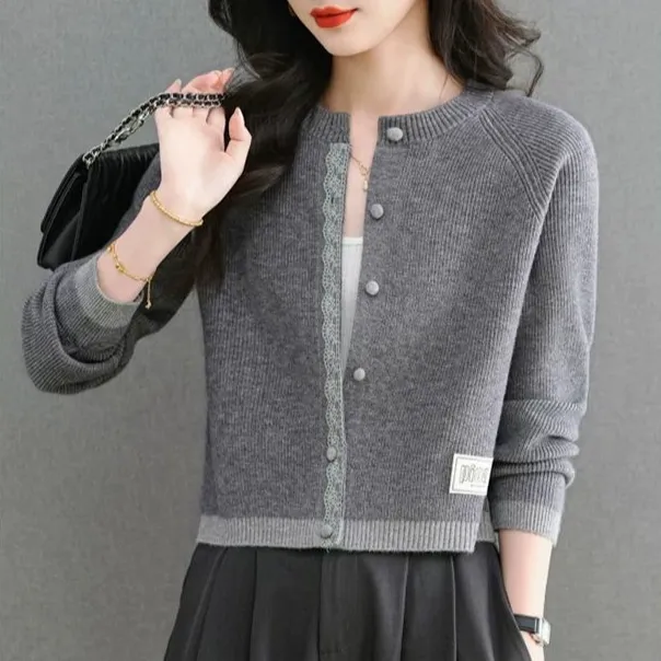 高腰短款拼色圆领针织开衫女2025秋冬春款小香风毛衣外套外搭上衣