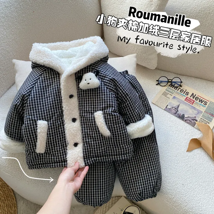宝睡衣冬季韩版男童卡通三层夹棉加厚家居服套装儿童冬装外穿潮