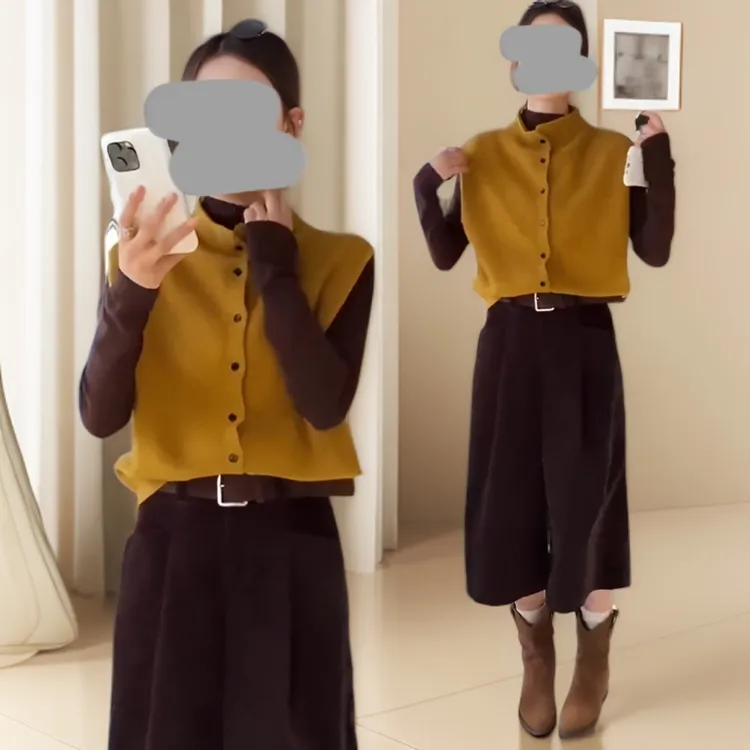 春秋立领针织开衫马甲打底衫显瘦阔腿裤女2025新款时髦减龄三件套