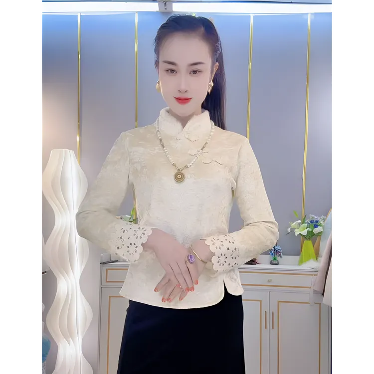 2025新款冬季加绒加厚新中式钻石盘扣拼接蕾丝袖口国风打底上衣