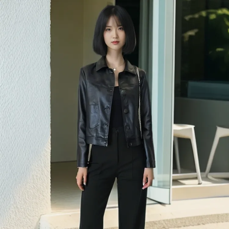 春秋季薄款时尚休闲短款纽扣皮衣外套女装pu夹克上衣服