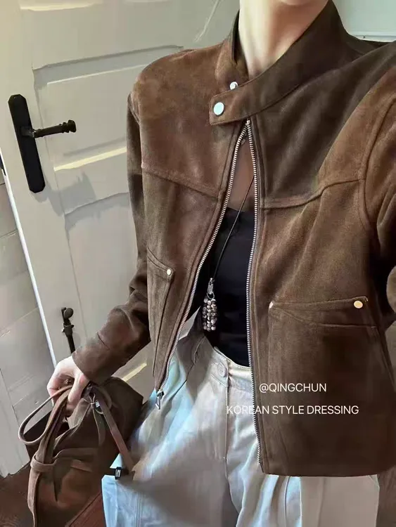 加厚秋冬高级感立领麂皮绒短款外套女欧洲站2025直筒百搭夹克上衣