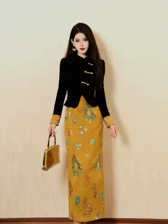 W363 新中式国风气质连衣裙秋季假两件拼接裙子