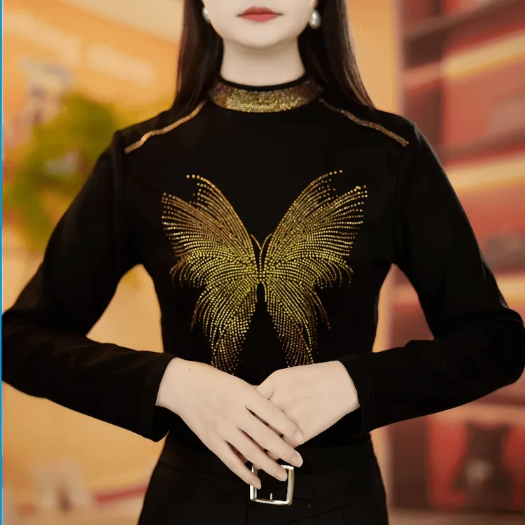 半高领法式圆领烫钻中老年女装时尚显瘦网红小衫长袖