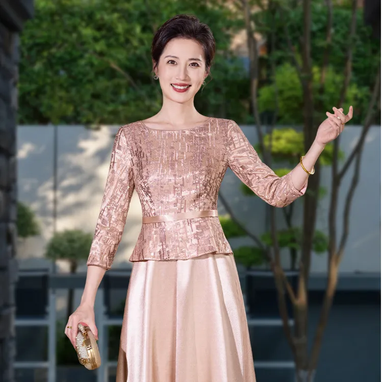 新款喜婆婆妈妈装礼服粉色长袖气质宴会中长裙常规礼服气质中式