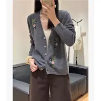 100%山羊绒刺绣V领气质百搭女式羊绒开衫25DAK1483